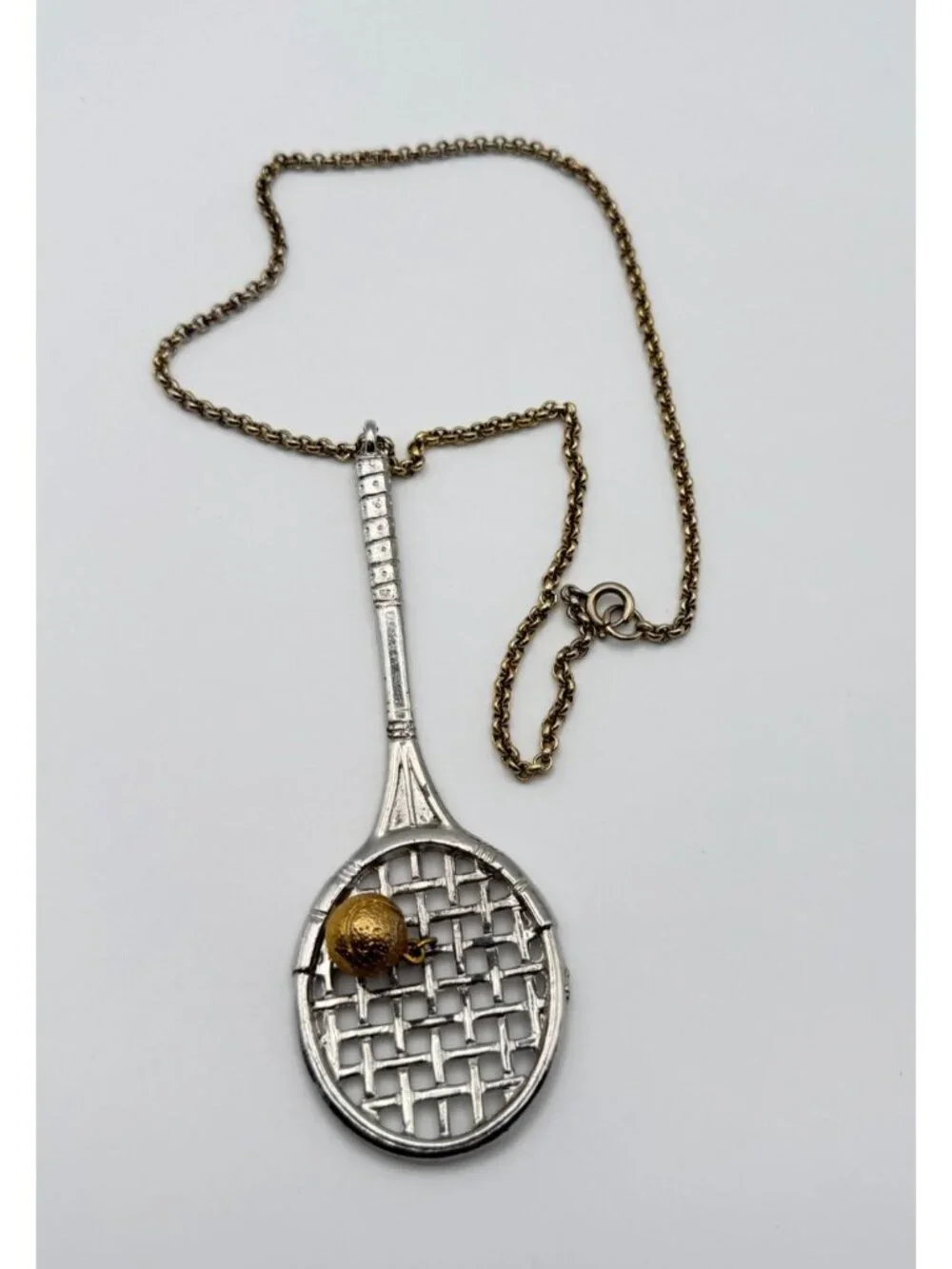 Vintage Tennis Racket Large Pendant Necklace 18" Gold and Silver Tone Sports 80s - Picture 6 of 7